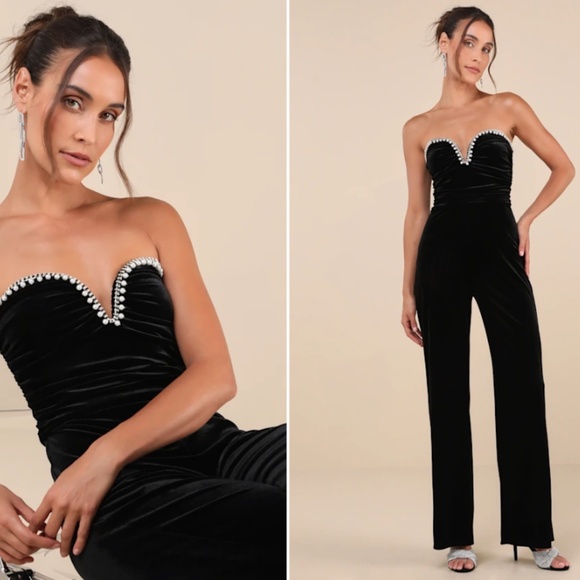 LULU's Sexy Chic Elegant Wedding Velvet Rhinestone Sophisitcated Jumpsuit - Picture 1 of 7
